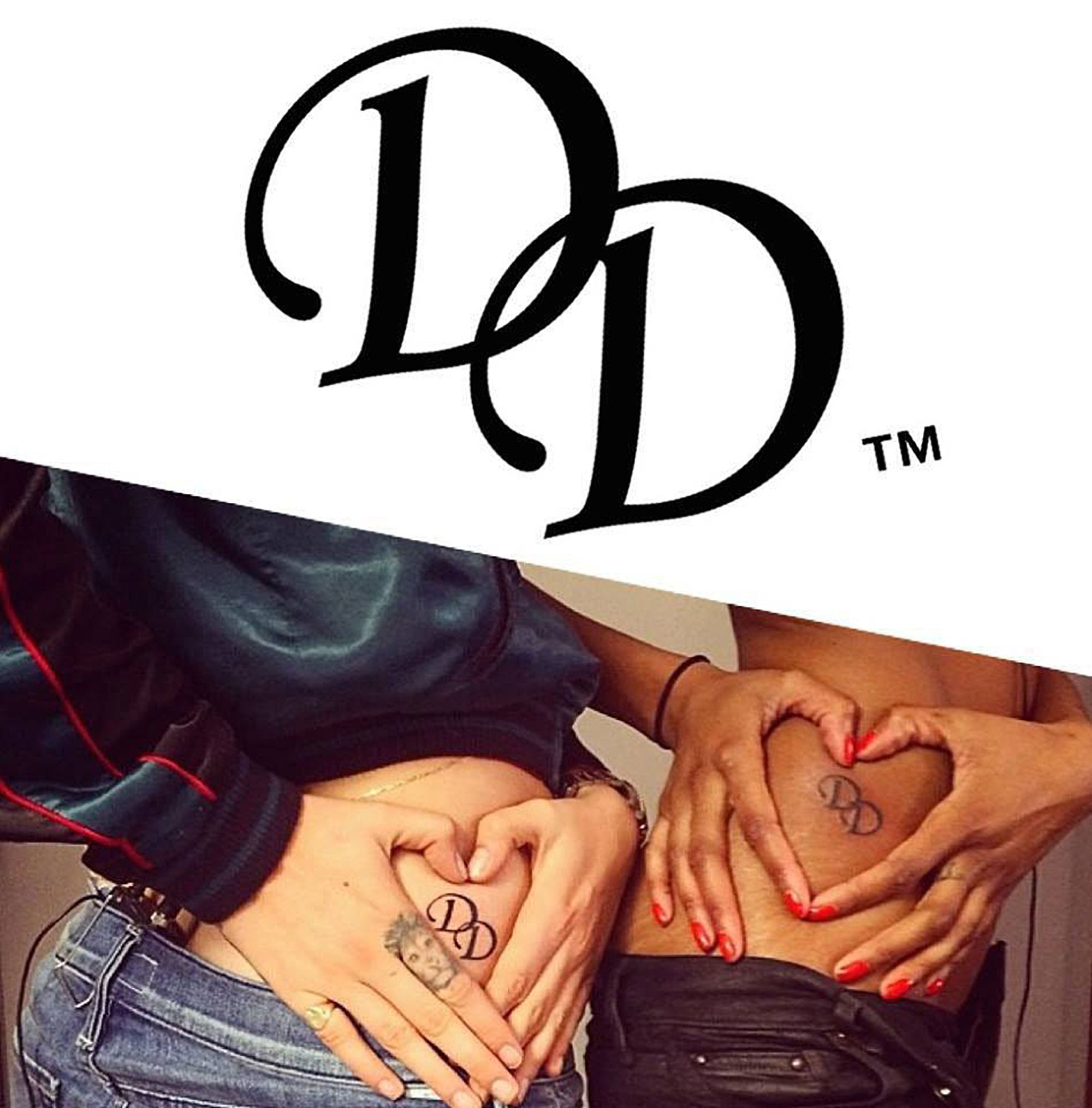 Débora Delmar Corp. logo; Cara Delevingne and Jourdan Dunn’s matrching tattoo, picture published on their Instagram accounts.