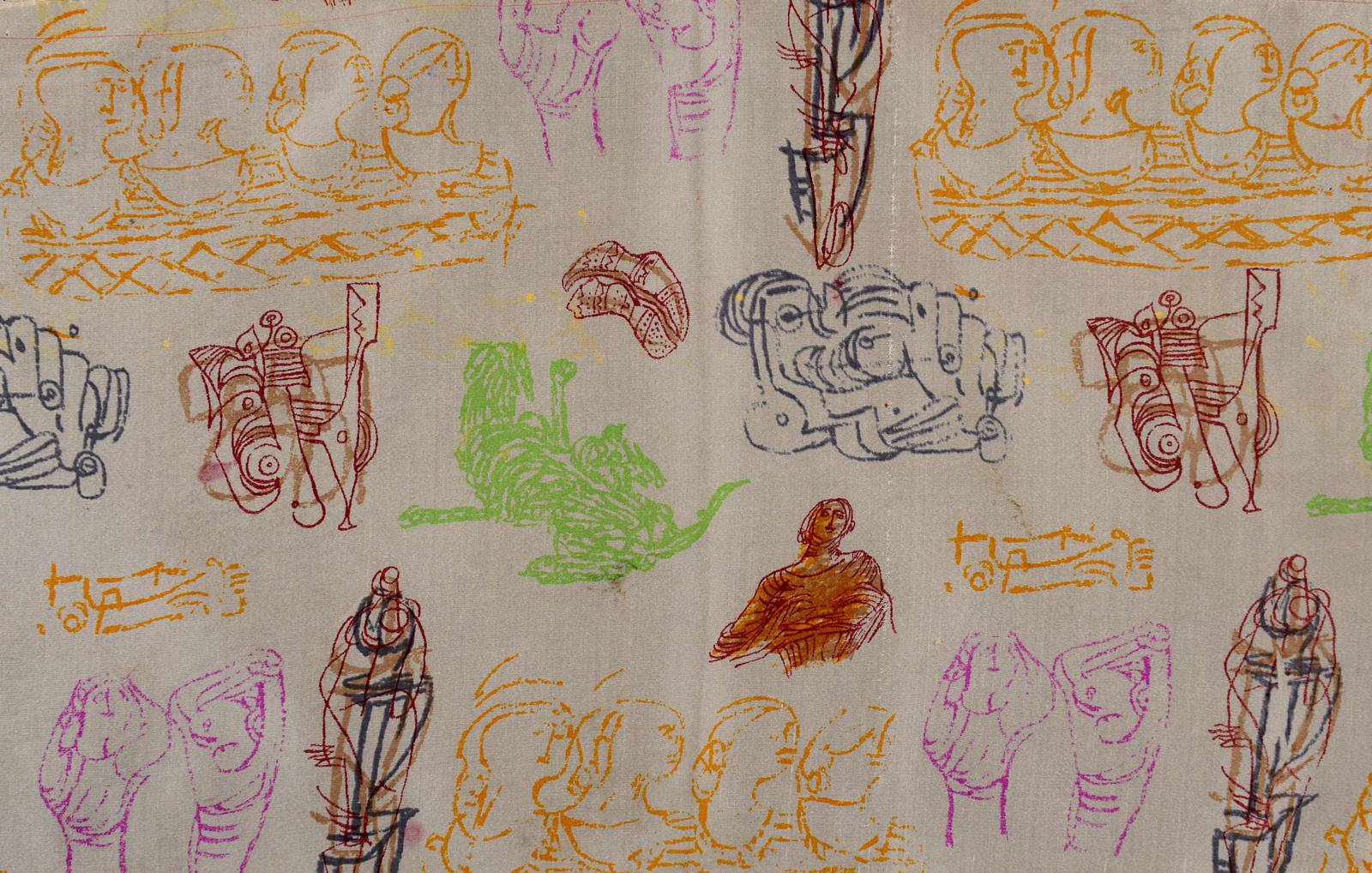 Henry Moore (1898 - 1986) Four Heads, Half Figures & Animal 1946, Serigraphy 7 Colours Silk, Ascher Ltd, 25 x 44 cms